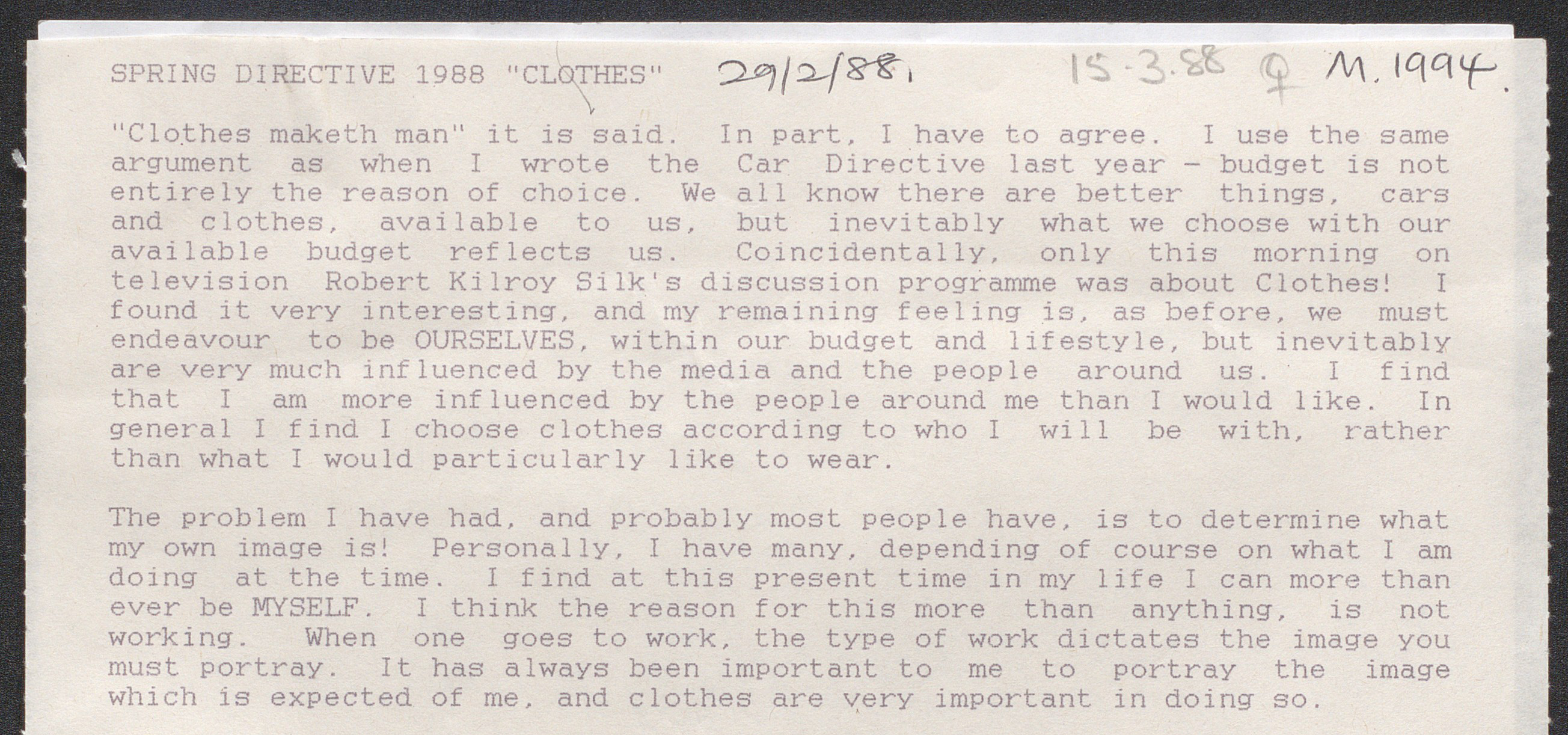 From observer M1994's response to the spring 1988 directive. © Mass Observation Archive Trustees. Further reproduction prohibited without permission.