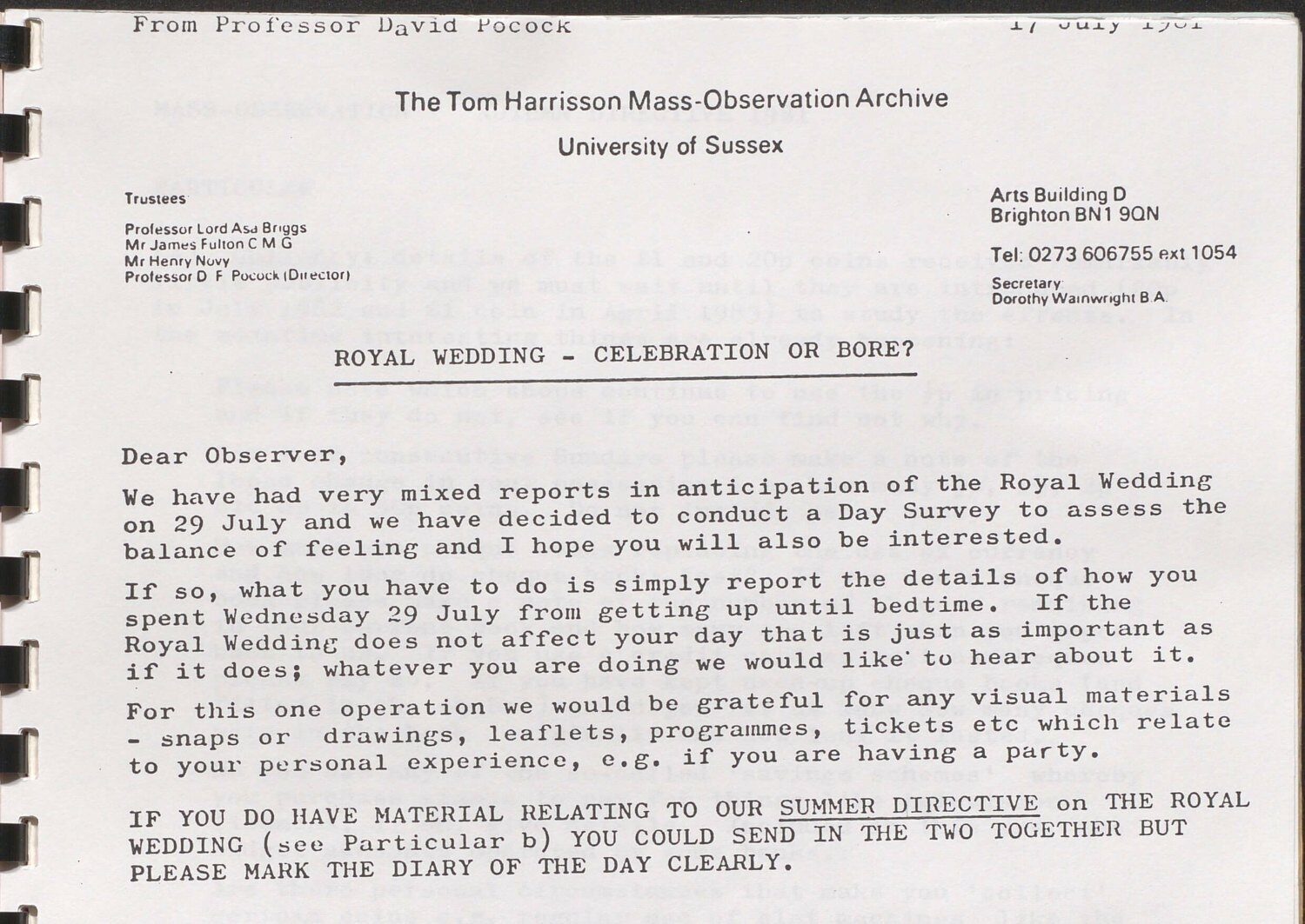 Letter from Tom Harrison Mass Observation Archive, discussing the Royal Wedding survey and requests for observations