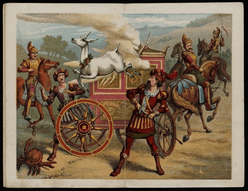 A colorful illustration of a chaotic scene with a goat leaping from a cart, soldiers nearby, and a horse rider in the background.
