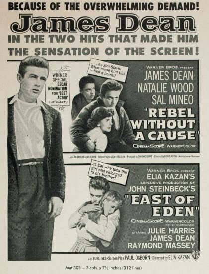 A black and white movie poster featuring James Dean for "Rebel Without a Cause" and "East of Eden."