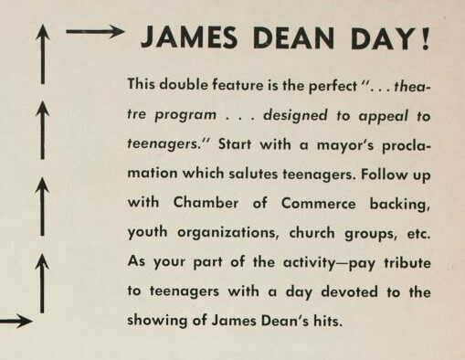 Text promoting 'James Dean Day' with activities for teenagers, including movie screenings