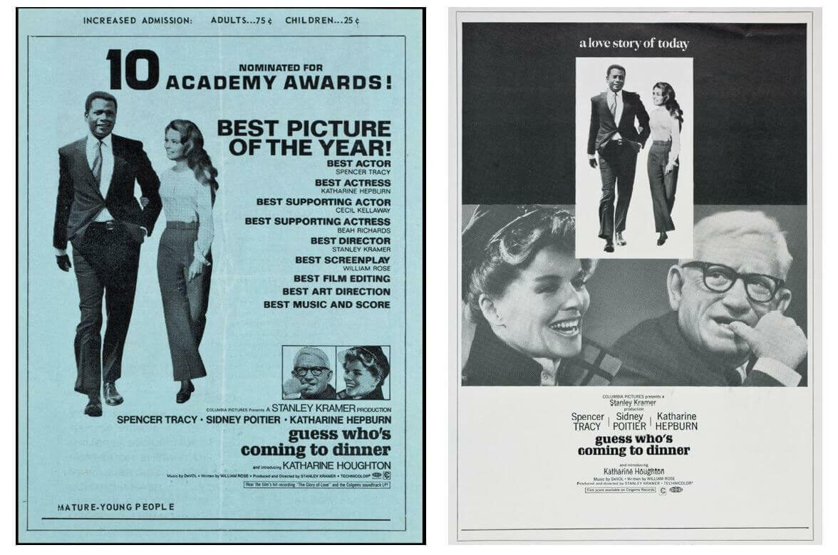 Two movie posters for 'Guess Who's Coming to Dinner' with a blue and black design