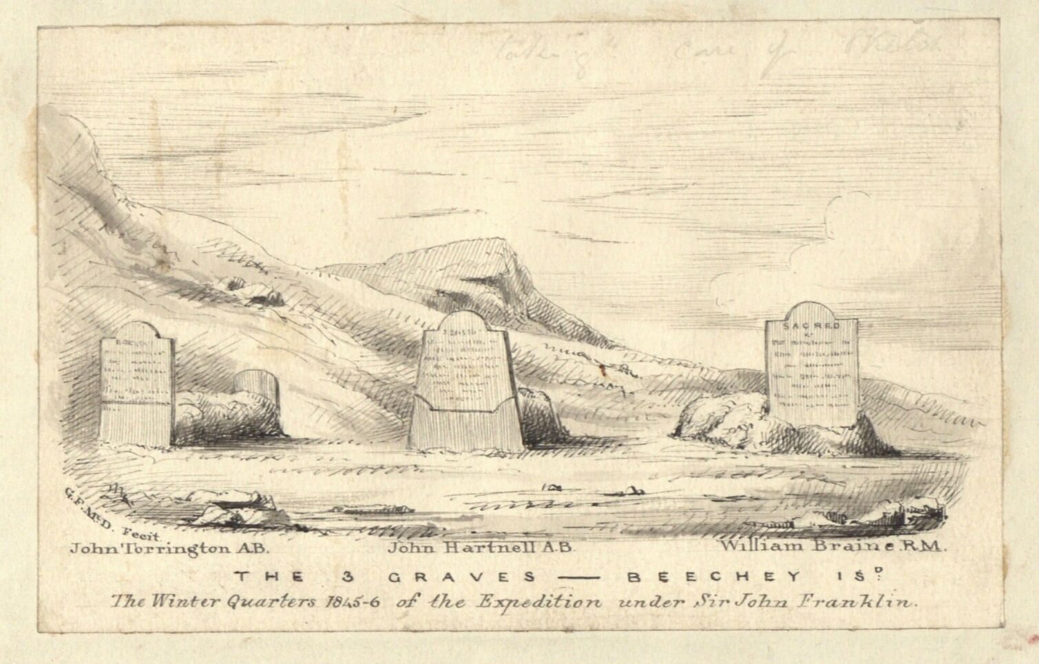 A historical illustration of three graves, labeled with names, set against a mountainous landscape