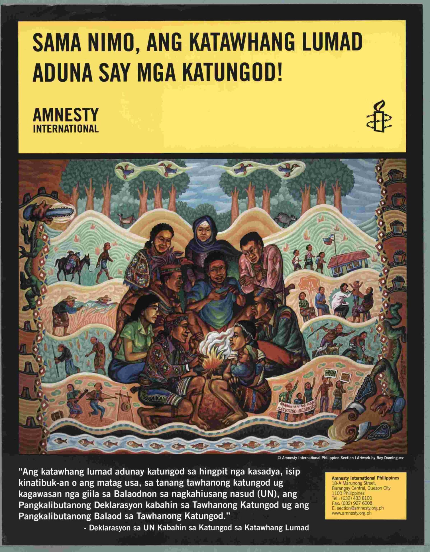 A colourful artwork depicting people gathered together, highlighting indigenous rights. Text in yellow above