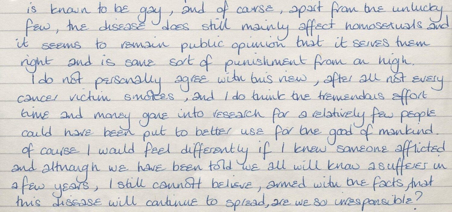 Handwritten note discussing public opinion on disease and awareness efforts