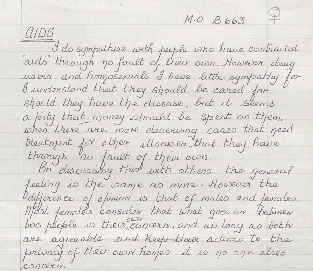 A handwritten letter discussing AIDS, expressing empathy for those affected