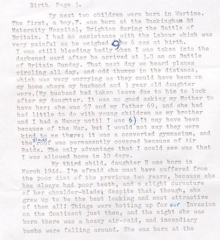A handwritten letter with blue ink annotations, describing history and experiences