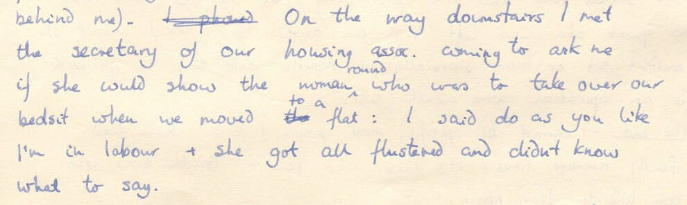 A handwritten note with blue ink on cream paper, discussing a conversation about a woman and moving