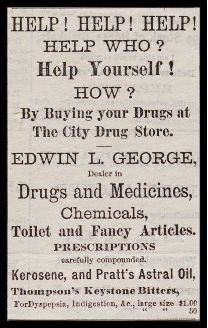 Vintage advertisement for City Drug Store by Edwin L. George, offering drugs, medicines, and toiletries