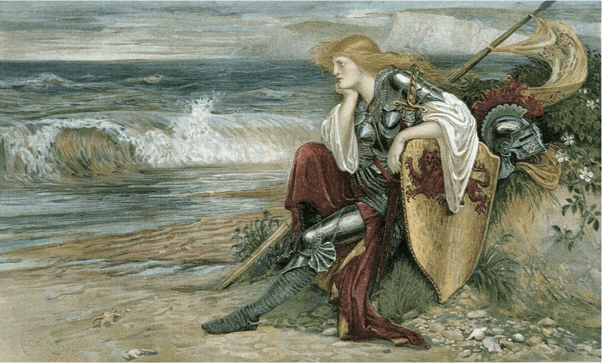 A armoured knight sitting on the beach near the ocean, looking thoughtful with a shield and spear beside them
