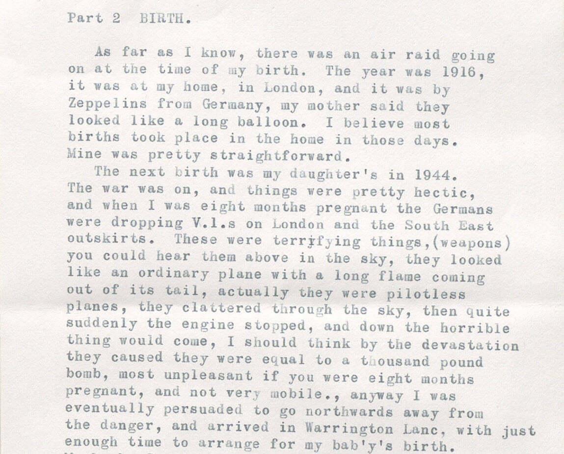 Typed text on paper discussing wartime experiences during the 1940s