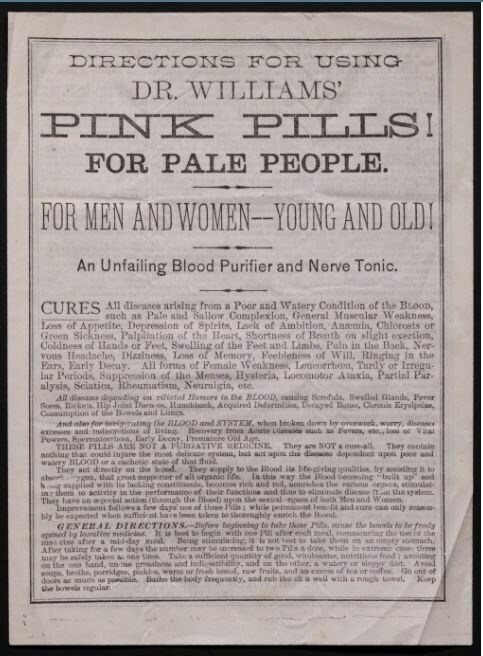 Advertisement for Dr. Williams' Pink Pills, with directions for use, aimed at all ages