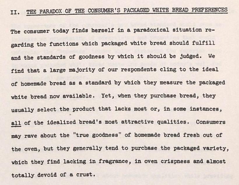 Text discussing consumer perceptions of packaged white bread and its qualities
