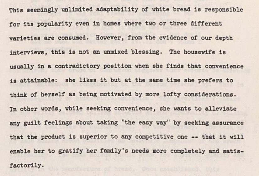 Typewritten text discussing white bread's popularity and household convenience