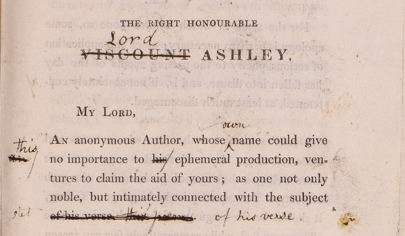 A historical letter addressed to Lord Viscount Ashley, with handwritten notes and edits