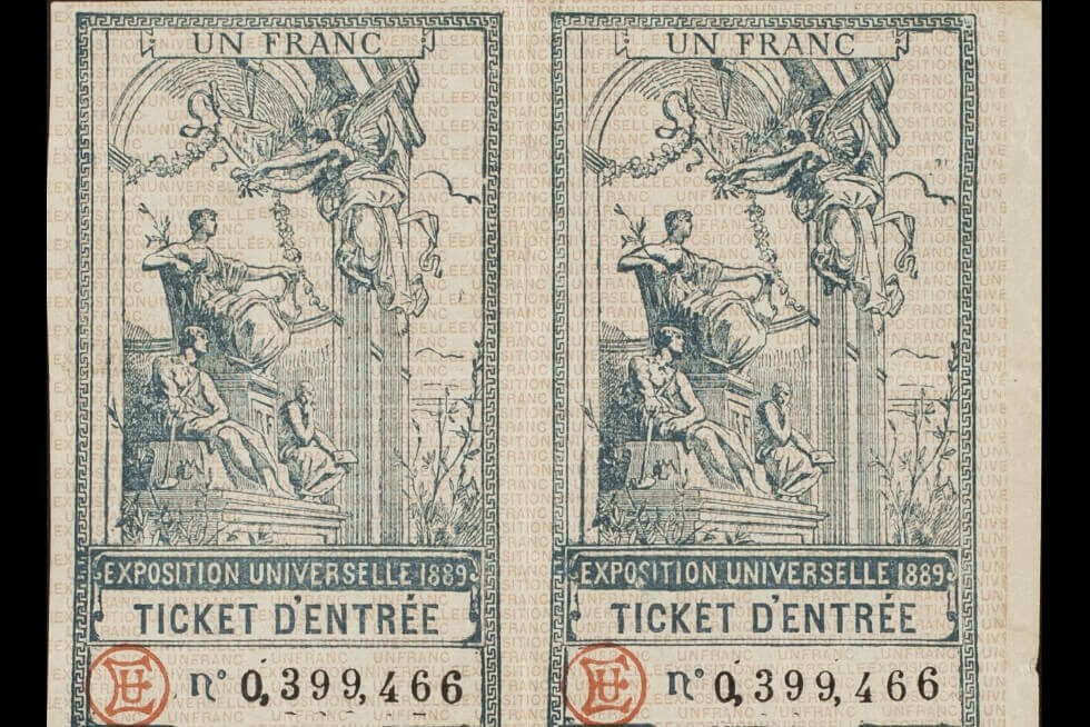 Two vintage one franc tickets for the 1893 World's Fair, featuring decorative illustrations