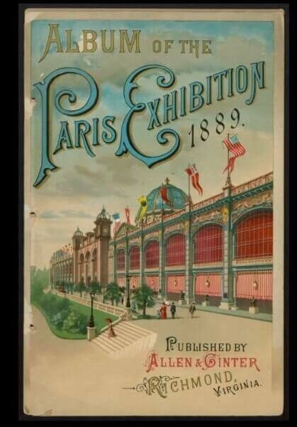 Cover of the 1889 Paris Exhibition album featuring a colourful illustration of the exhibition building