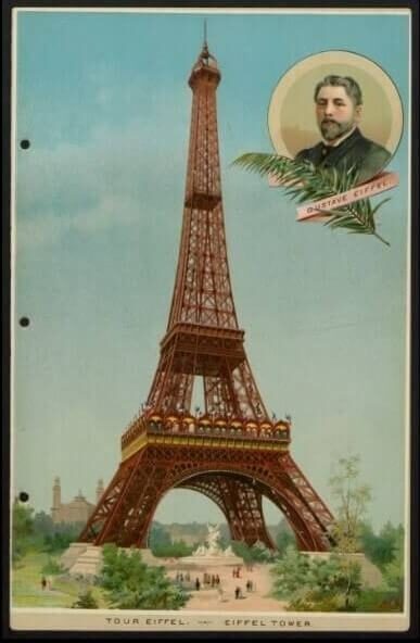 Eiffel Tower with a portrait above of a man surrounded by leaves