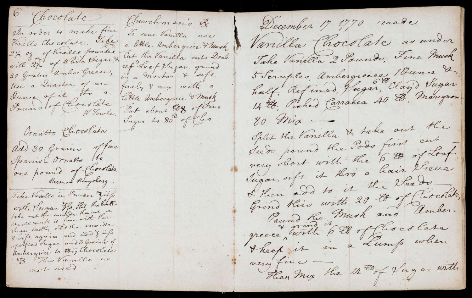 A handwritten notebook with notes on chocolate and vanilla recipes, dated December 6, 1797