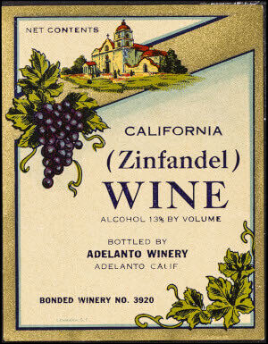 Label for California Zinfandel wine featuring grapes and a winery illustration