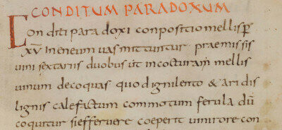 A handwritten page with the title 'Conditum Paradoxum' in red and text in Latin
