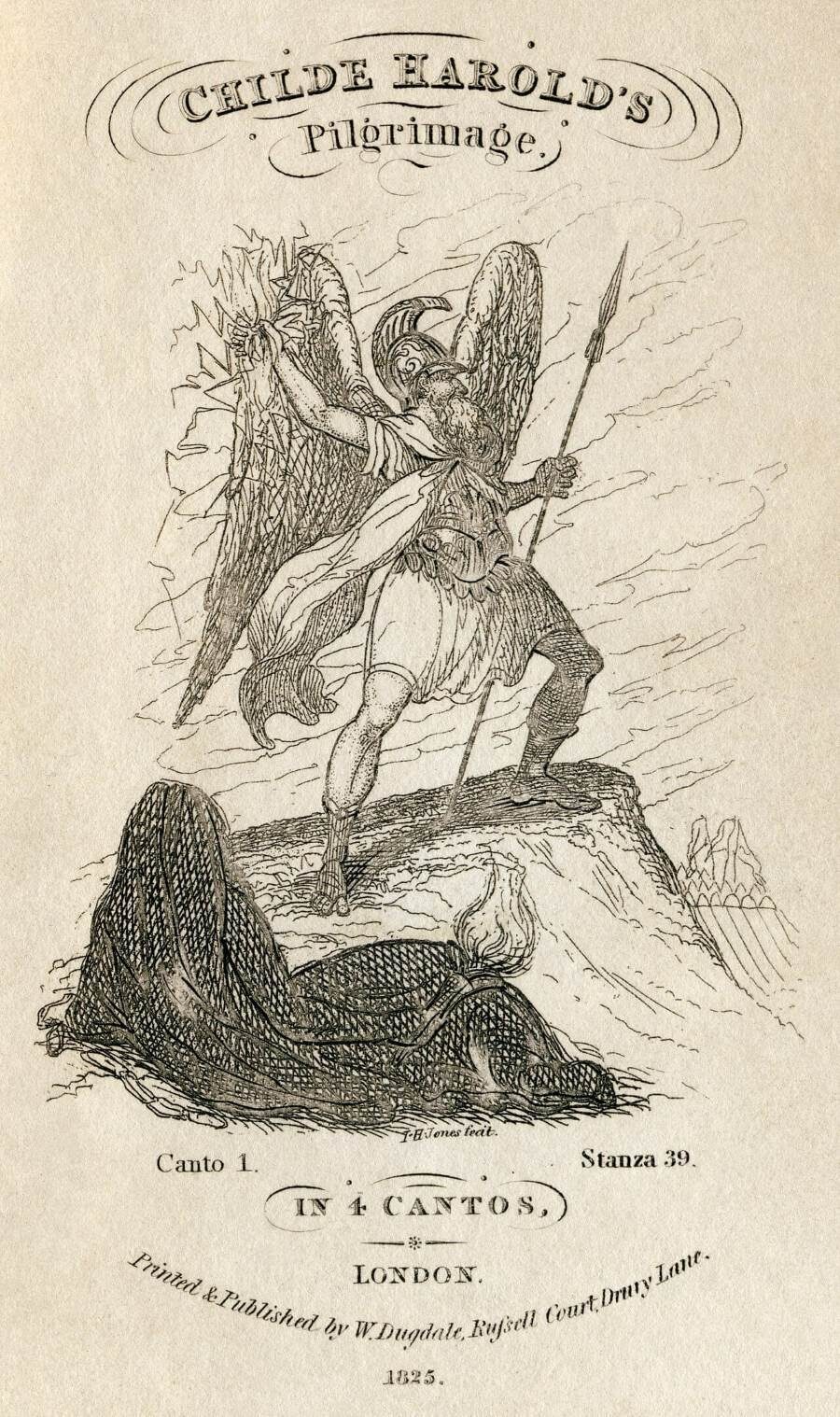A vintage illustration of a knight in armour with wings, holding a spear, standing triumphantly over a defeated figure
