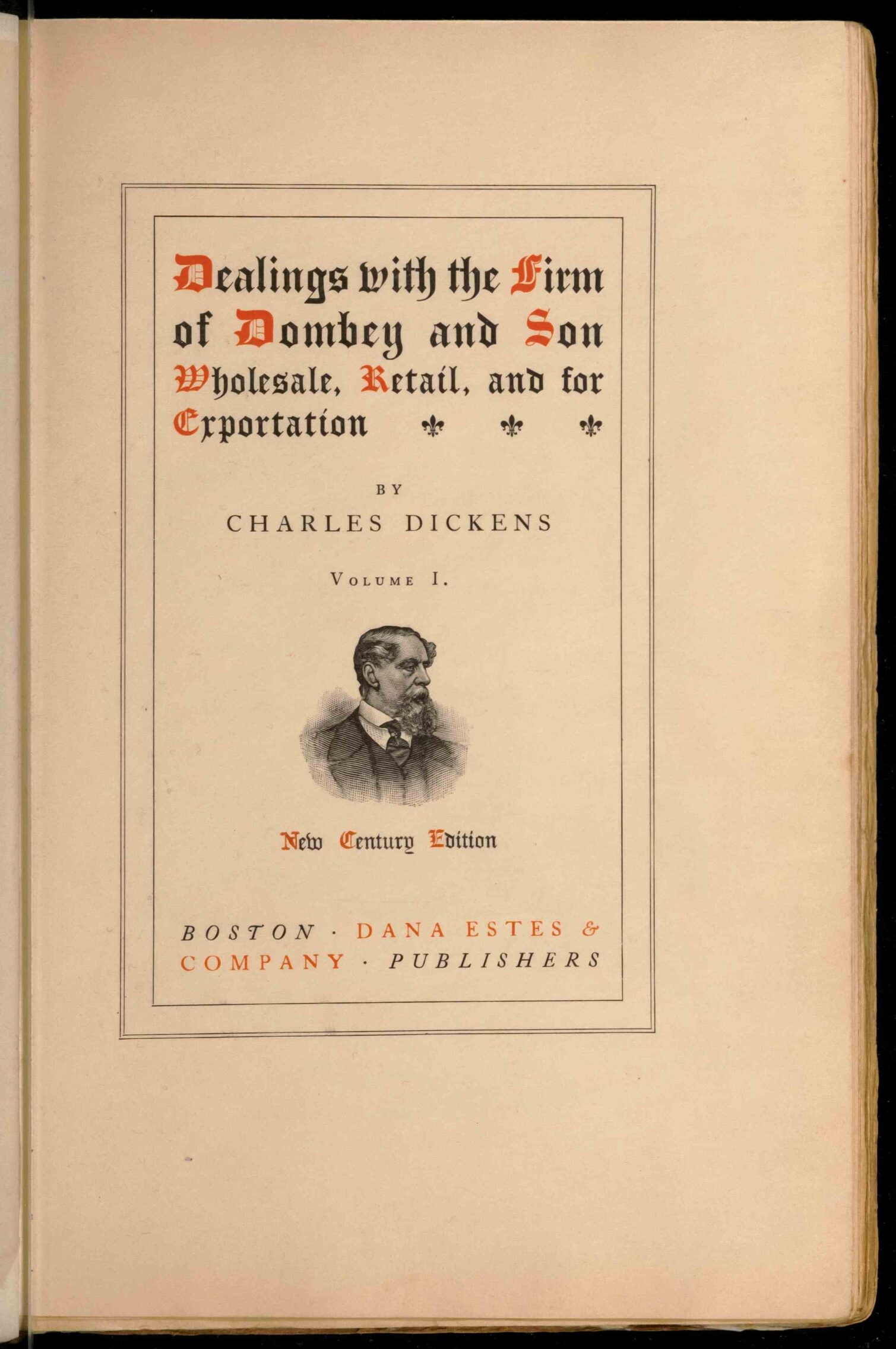 Title page of a book by Charles Dickens with an illustrated portait of him below.