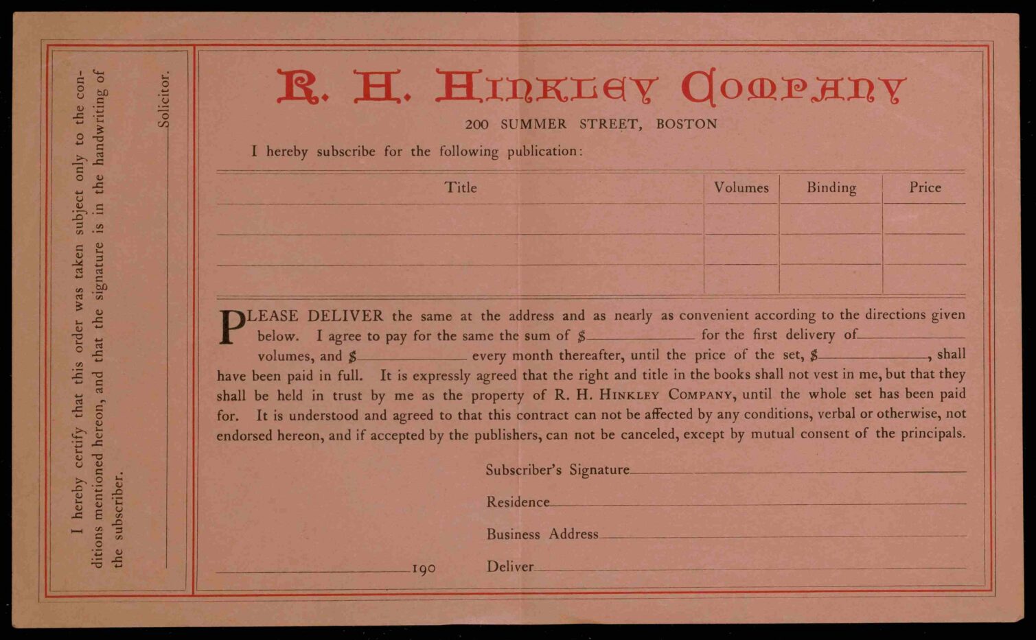 A R.H. Hinkley Company cheque for the direct debit of purchasing books.