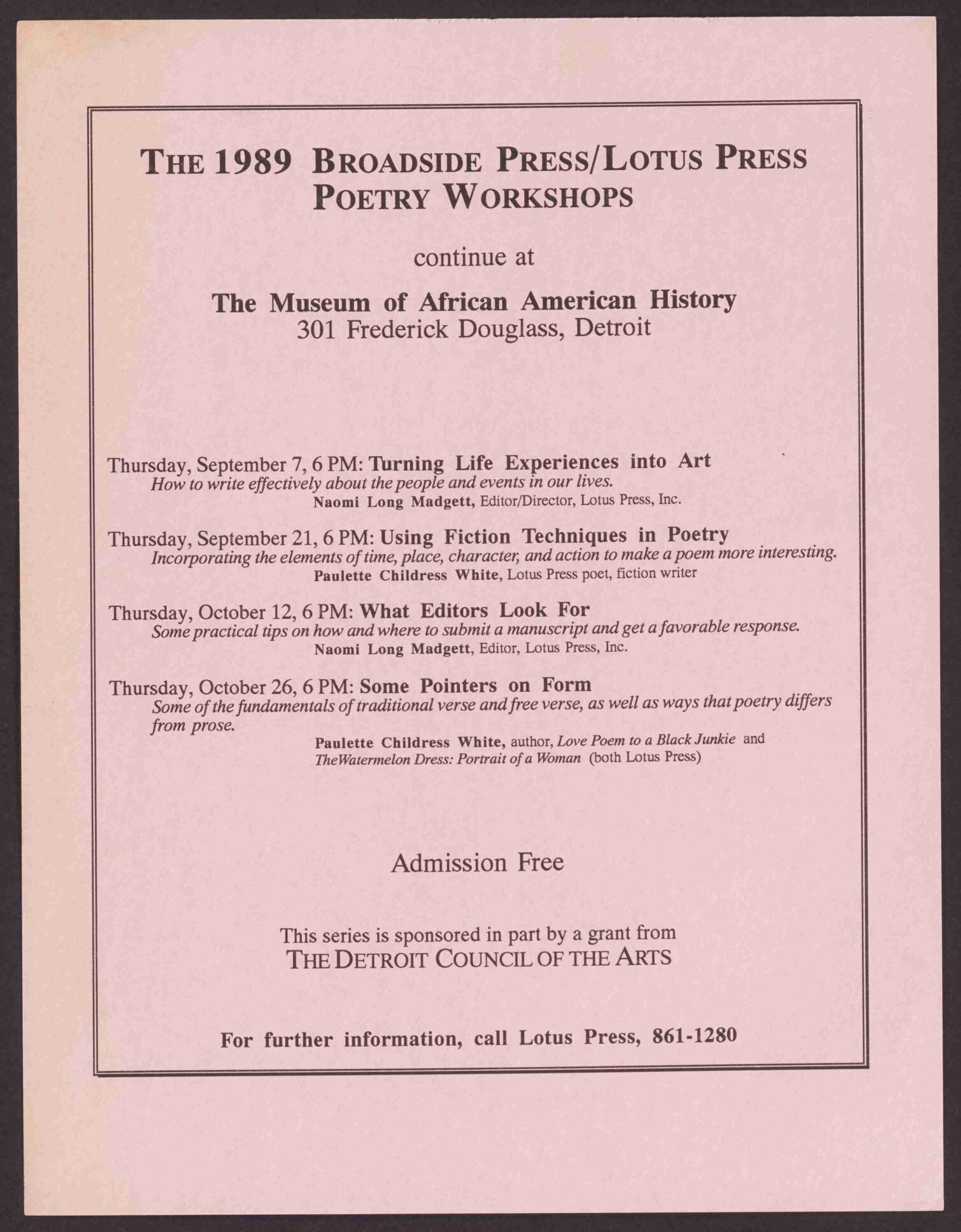 A poster detailing poetry workshops with listed sessions.