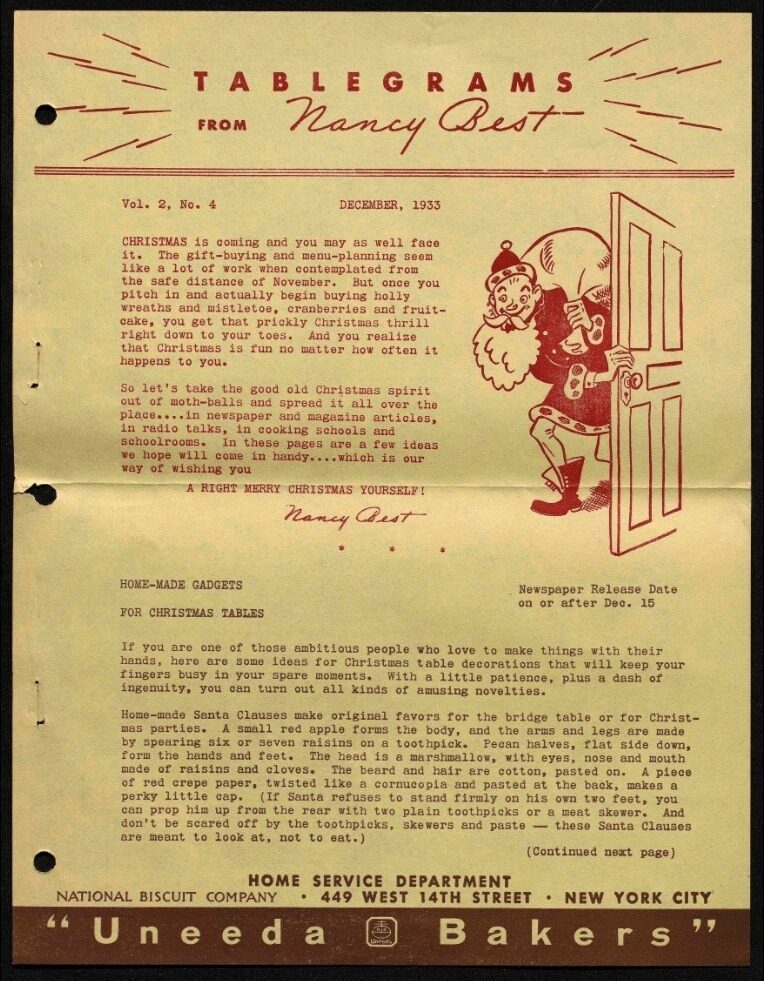 A vintage newsletter titled 'Tablegrams from Nancy Best,' featuring a drawing of Santa Claus carrying a bag by a door