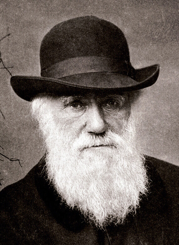 Charles Darwin with a white beard and a black hat, looking directly at the camera.