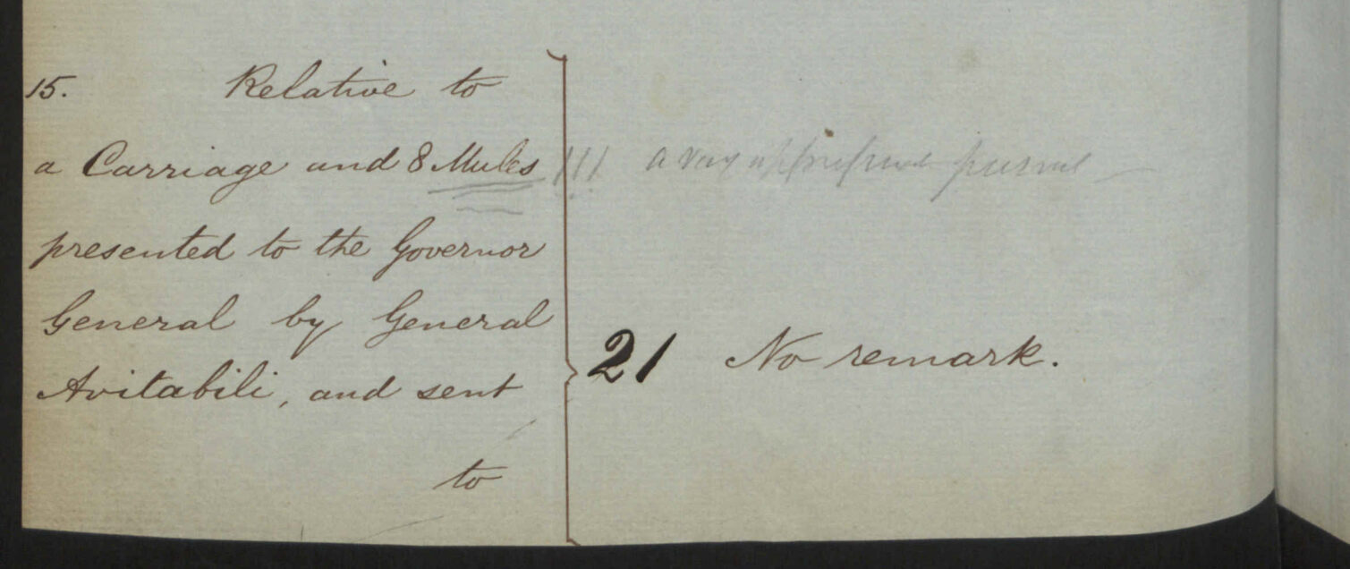 Handwritten notes about a carriage, presented to a general, with a remark beside number 21