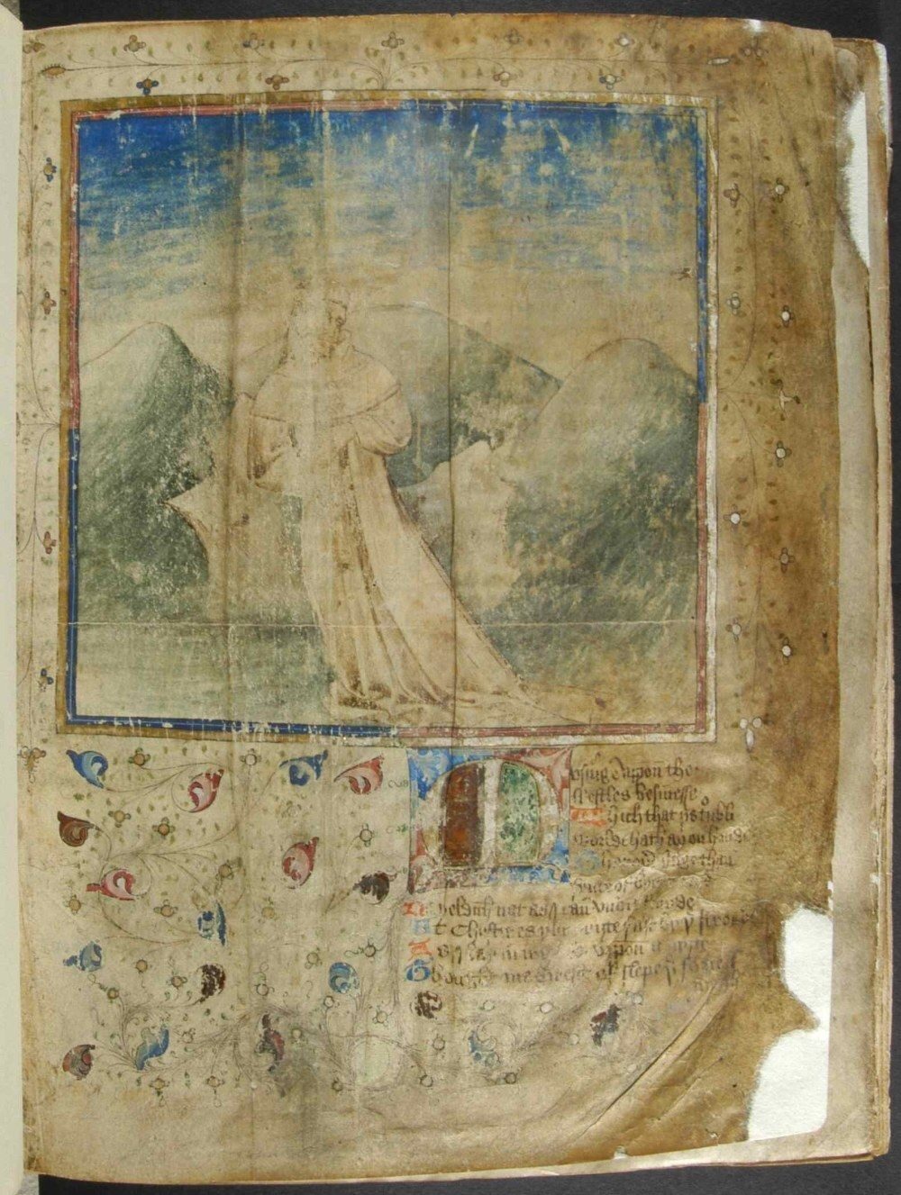 An ancient book page with a faded painting of a figure in a white robe, surrounded by soft colours and textures