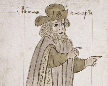 A historical figure wearing a hat and cloak, pointing with one hand