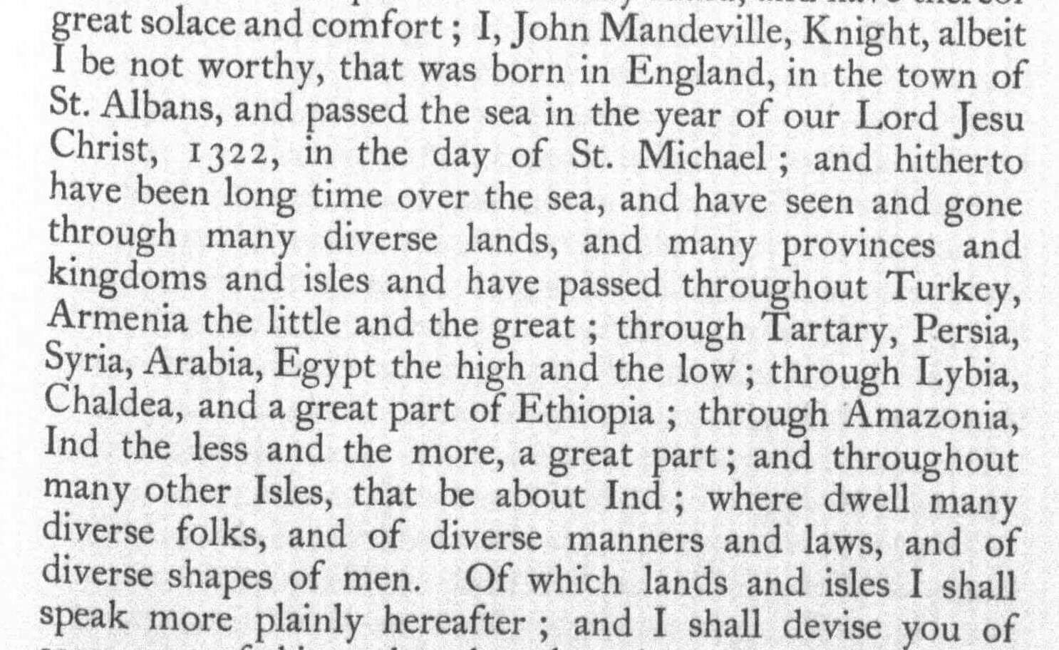 Text from John Mandeville's travel description, detailing his journeys to diverse countries and peoples