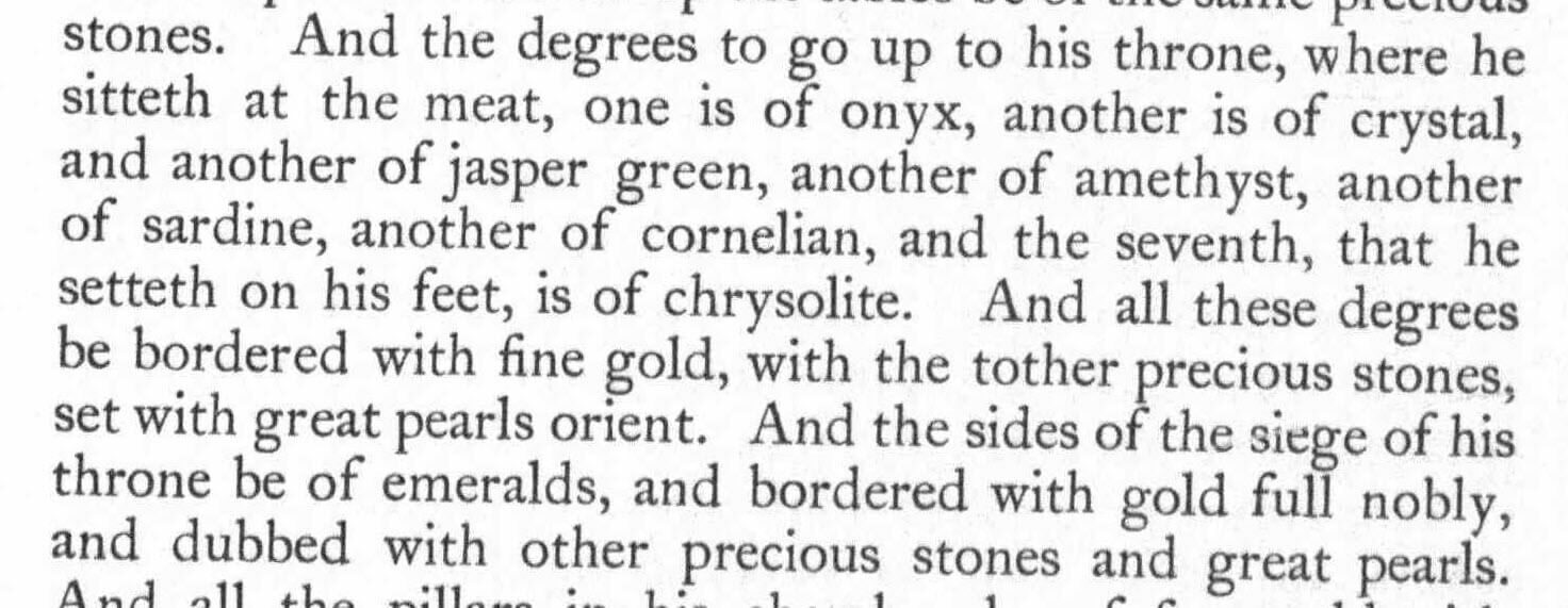 Text describing a throne with various precious stones and gold details