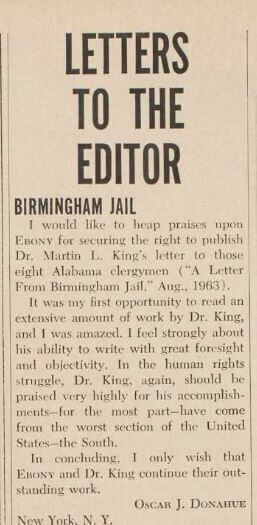 A letter to the editor titled "Letters to the Editor" from Birmingham Jail