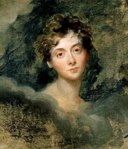 A close-up portrait of a young woman with curly hair and a soft expression, surrounded by dark clouds