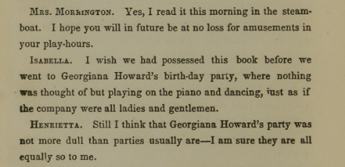 A text excerpt discussing a party, featuring characters named Mrs. Mornington, Isabella, and Henrietta