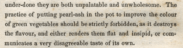 Text discussing the unappetizing effects of pearl-ash on green vegetables