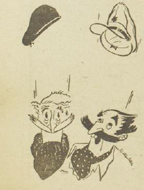Four cartoon-style hats and characters with exaggerated features, including a moustached man