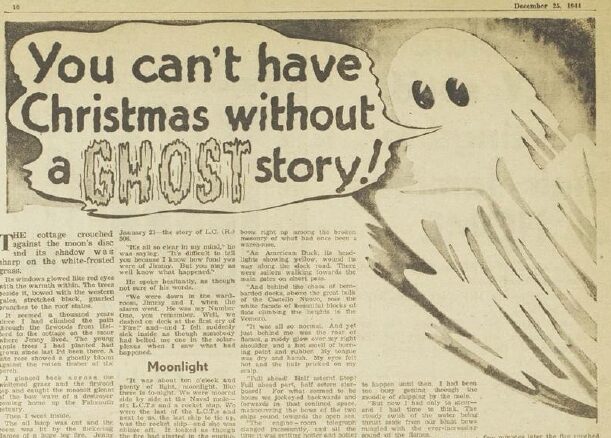 A newspaper clipping with the text 'You can't have Christmas without a GHOST story!' and a cartoon ghost