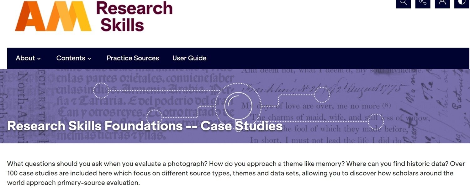 Website header for AM Research Skills showing case study topics and historic data evaluation.