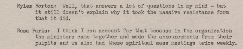 Typed conversation between Myles Horton and Rosa Parks discussing passive resistance