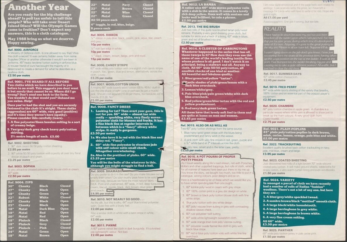 A menu layout with sections highlighted in colours, listing various items and descriptions
