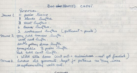 A handwritten list of potential dress designs and their details, noted in blue ink
