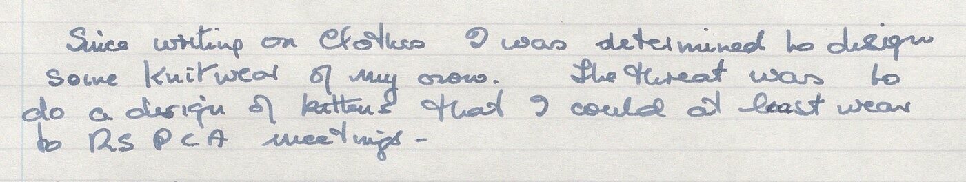 Handwritten note about designing knitwear for meetings