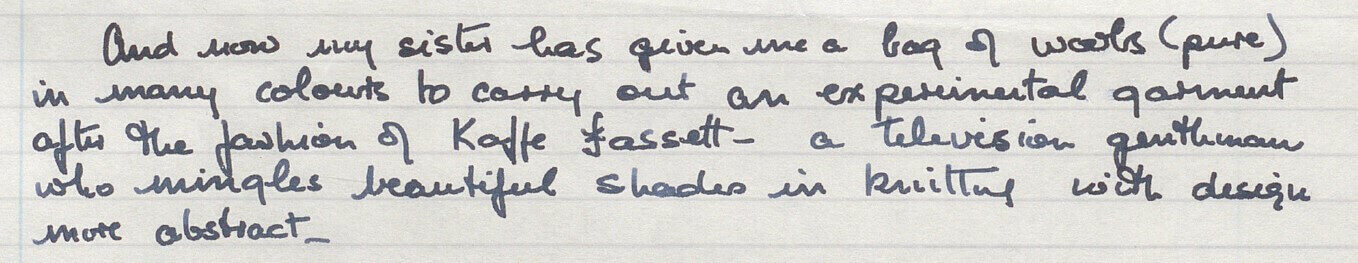 Handwritten notes discussing an experimental garment inspired by Kaffe Fassett