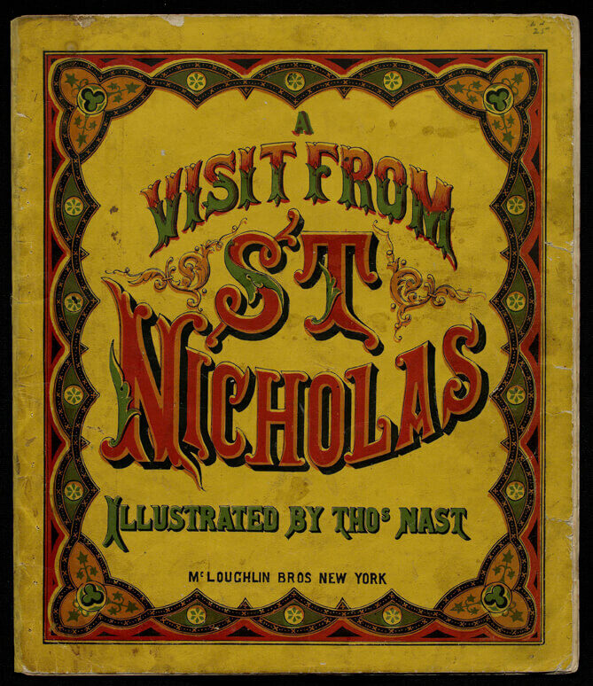 Cover of 'A Visit from St. Nicholas' with decorative lettering and illustrations