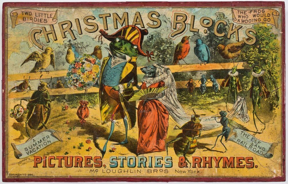 Colorful vintage illustration featuring animals in hats and clothing playing by a fence. Title: Christmas Blocks